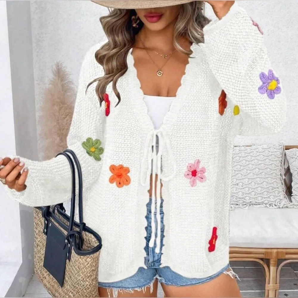 Floral Embroidered White Cardigan Sweater